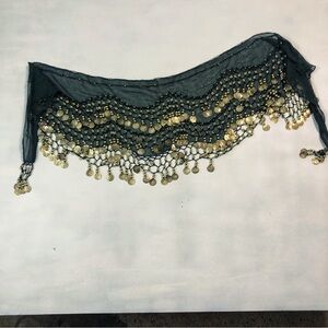 Dark green belly dancing hip scarf with gold coins